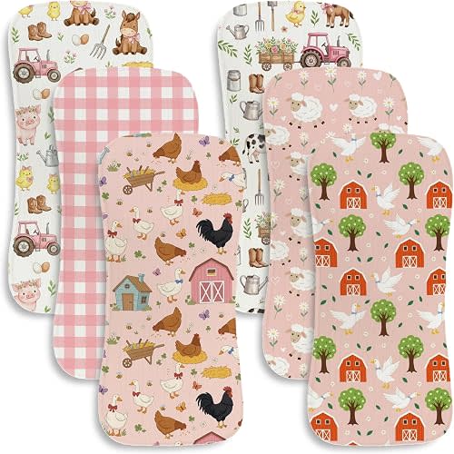 6 Pack Baby Burp Cloths for Girls, Pink Farm Animal Theme Large Cotton Absorbent Burping Rags for Newborn, Soft Contoured Spit Up Cloths with Barn Tractor Print, Western