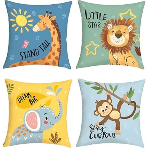Cartoon Animals Throw Pillow Covers 18x18 Inch Set of 4 Baby Elephant Giraffe Lion Monkey Cushion Pillow Case Nursery Home Decor for Kids Toddlers Teens