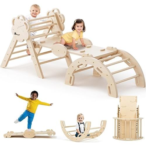 COSYLAND Pikler Triangle Set - 8 in 1 Large Montessori Climbing Toys for Indoor - Wooden Foldable Jungle Gym for Toddler & Baby, CPC/SOR/CE Certified Enjoys Unique Patented Design, Natural