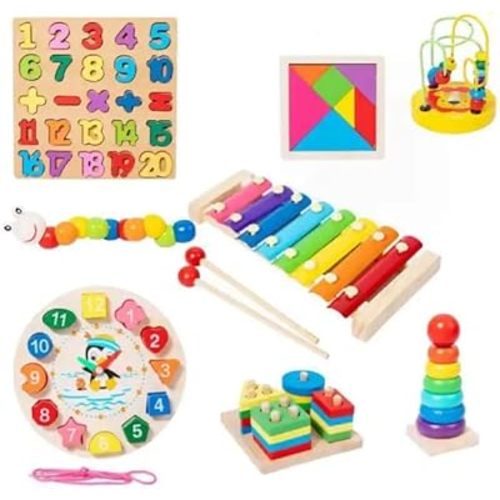 Montessori Wooden Toys Set 8 Piece Set Educational Developmental Toys for Babies and Toddlers (36 Months and Older)