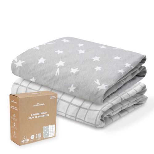 The Peanutshell Grey Star, Windowpane Organic Cotton Bassinet Sheets for Baby Boys and Girls, 2 Pack
