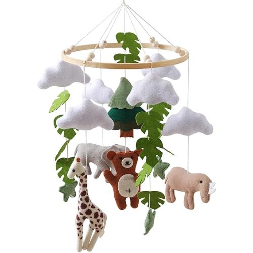 Moyii Baby Crib Mobile for Nursery - Handmade Felt Safari Animals Hanging Mobile - Giraffe Elephant Zebra Lion Ceiling Decor for Boys Girls - Leaf Jungle - Newborn Baby Shower Gift