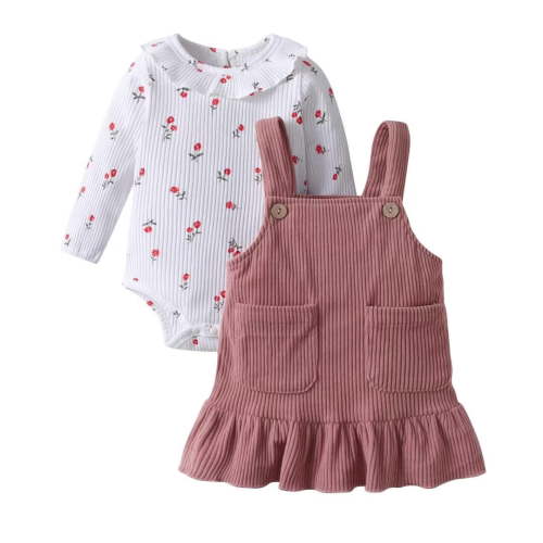 Infant Baby Girl Clothes Print Ruffle Romper + Strap Skirt Pink 0-3 Months