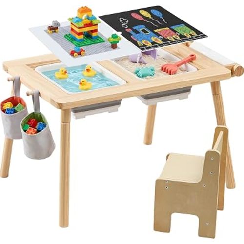 GITAWUSA Sensory Table and Chair for Toddlers 2-8, Wood Kids Activity Tables with Storage Bins, Toddler Play Table with Roll Holder for Drawing Paper, Kids Art Tables with Double-Sided Graffiti