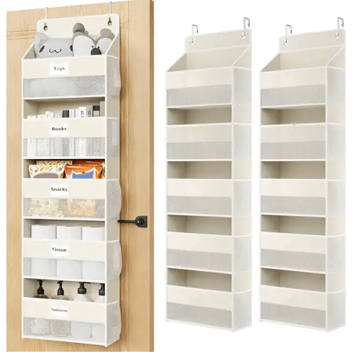 Over The Door Organizer Hanging, 2 Pack 5 Shelf Behind The Doors Storage, Pantry Door Organizer, Closet Organizers for Bedroom and Nursery (Beige)