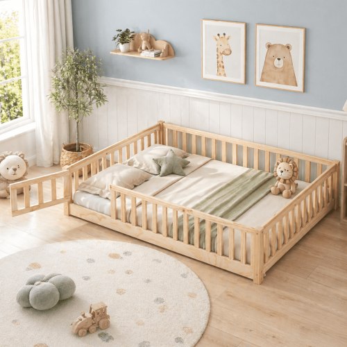 uhomepro Full Montessori Floor Bed with Safety Fence and Door