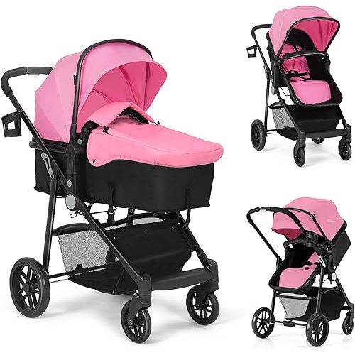 BABY JOY Baby Stroller, 2 in 1 Convertible Carriage Bassinet to Stroller, Pushchair with Foot Cover, Cup Holder, Large Storage Space, Wheels Suspension, 5-Point Harness (Pink)