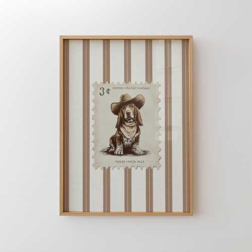 Cowboy Dog Print Vintage Stamp Home Decor Wall Art Rustic Basset Hound Striped Trendy Poster Western Retro Pet Aesthetic Living Room Print
