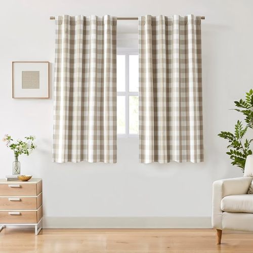 Beige White Full Blackout Bedroom Curtain Panels 90 Inches Long,Buffalo Plaid Room Darkening Drapes for Living Room,Thermal Insulated Window Treatment,Rod Pocket Back Tabs,40" Wx90 Lx2