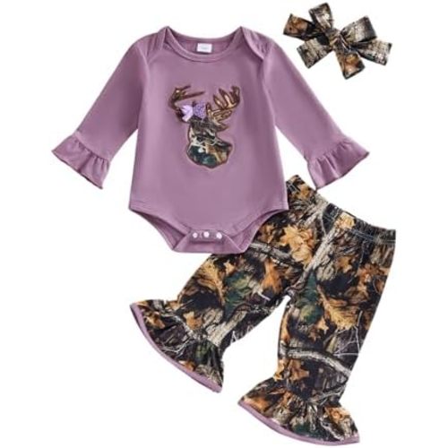 Newborn Baby Girl Hunting Clothes Deer Long Sleeve Romper Jungle Camo Flare Pants Set 3 Piece Fall Winter Outfit