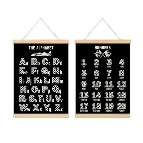 ULEGIE Alphabet Race Car Wall Poster Hanger Frame, Educational Posters For Preschoolers, Kids Playroom Art Prints Boys Race Car Poster Nursery Artwork Set of 2 for Bedroom, 12 x 16 Inch(Black)