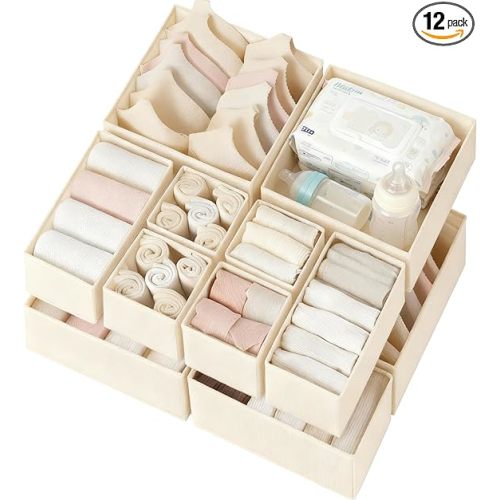 Criusia Drawer Organizer Clothes 12 Pack, Dresser Organizer for Nursery Bedroom Closet Organization and Storage - Baby Clothes Organizer Bins - Drawer Divider for Sock Underwear Bra Ties (Beige)