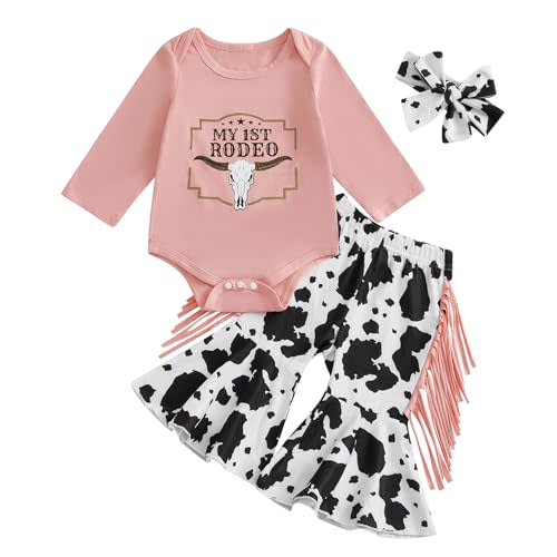 Kayotuas Western Baby Girl Clothes Summer Cowgirl Outfit Short Sleeve Romper Bow Boots Cow Print Flared Bell Bottom Pants Set