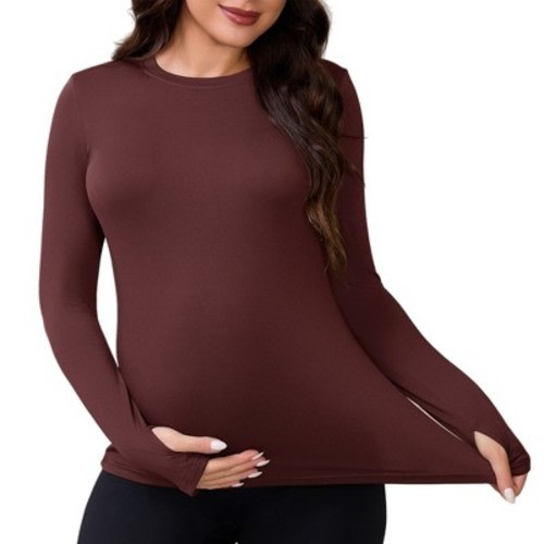 INSPIRE CHIC Women's Maternity Workout Tops Stretchy Fitted Crew Neck Long Sleeve Thumbholes Pregnancy Yoga Basic Undershirts Large Dark Red