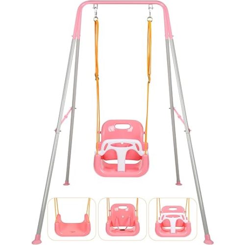 3-in-1 Toddler Swing Set, Indoor & Outdoor Baby Swing Heavy Duty Swing Set with Foldable Metal Stand for Aged 6 Months to 10 Years Old, Easy to Assemble and Store (Pink)