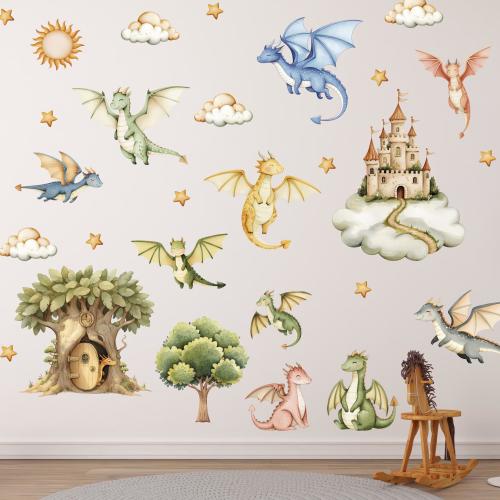 Dragon Peel and Stick Wall Decals, Cute Dragon Stickers, Castle Tree House Clouds Stars Fantasy Nursery Wall Decor