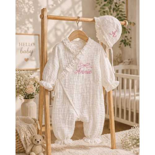 Personalized Muslin Baby Romper with Bonnet, Boho Baby Outfit, Embroidered Baby Name Outfit, Newborn Coming Home Outfit, Baby Shower Gift