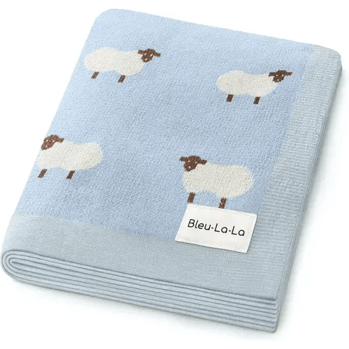 Knit Baby Swaddle Blanket for Boys - 100% Cotton Soft Cozy Lightweight Receiving Swaddling Stroller Quilt Blanket for Newborns Infants Toddlers (Sheep - Baby Blue)
