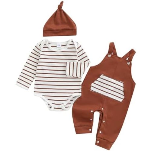 Newborn Baby Boy Summer Clothes Stripe Short Sleeve Romper Suspender Pants Hat 3Pcs Set Cute Coming Home Outfit
