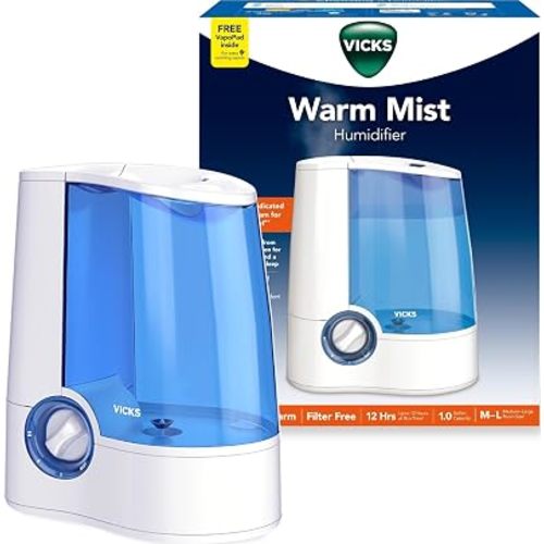 Vicks Warm Mist Humidifier Filter-Free 1-Gal Tank, Auto Shut-Off, Night Light, VapoPad and VapoSteam Compatible