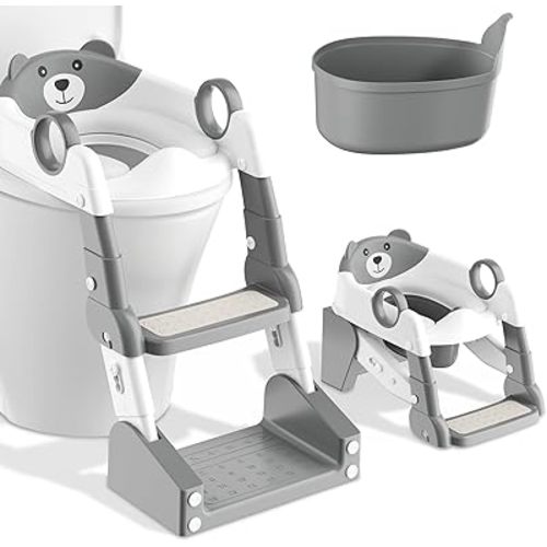 Potty Training Seat, 2-in-1 Toddler Toilet Training Seat & Potty Chair for Kids Boys Girls, Height Adjustable Toilet Seat with Splash Guard, Stable Wide Base Design, Anti-Slip Steps Stool