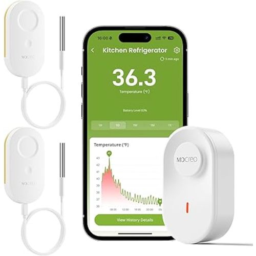 MOCREO WiFi Thermometer Freezer Alarm, Email Alert, App Notification, Data Record Export, No Subscription Fee, 2 Remote Wireless Temperature Sensors for Refrigerator, Freezer, Hot Tub