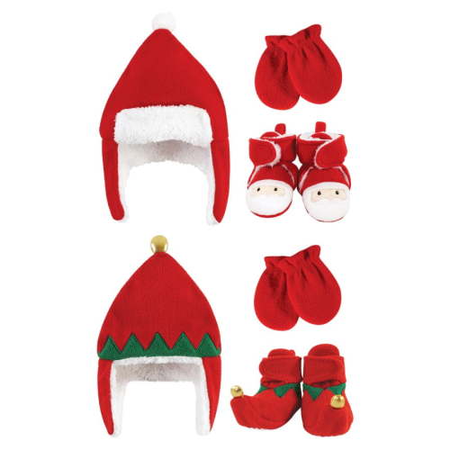Hudson Baby 6Pc Trapper Hat, Mitten and Bootie Set, Santa Red Elf, 0-6 Months