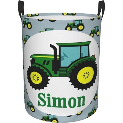 Green Farm Tractor Tractor Customized Laundry Basket Clothes Hamper with Name Collapsible Waterproof Large Capacity Organizer Storage for Living Room.