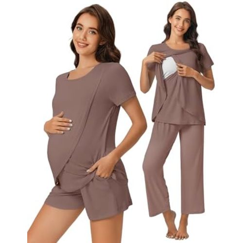 Ekouaer 3 PCS Maternity Nursing Pajamas Set Postpartum Breastfeeding Short Sleeve Shirts, Pregnancy Shorts & Pants Pjs S-XXL