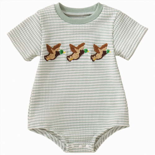 mgoYE Baby Boy Summer Clothes Mallard Duck Embroidery Newborn Bubble Romper Short Sleeve Bodysuit Infant Hunting Clothing(Green,3-6 Months)