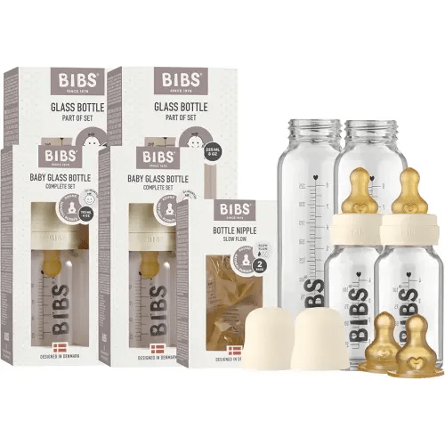 Bibs Baby Glass Bottle Starter Kit 4 Bottles, 3.7 oz & 7.6 oz | Anti-Colic Design, Vented Nipple, Breast-Like Transition | Lab-Grade Borosilicate Glass | Ivory
