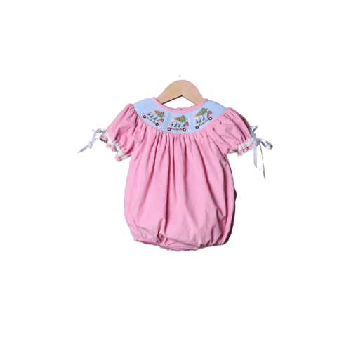 Smocked Christmas Golf Cart Pink Corduroy Bubble