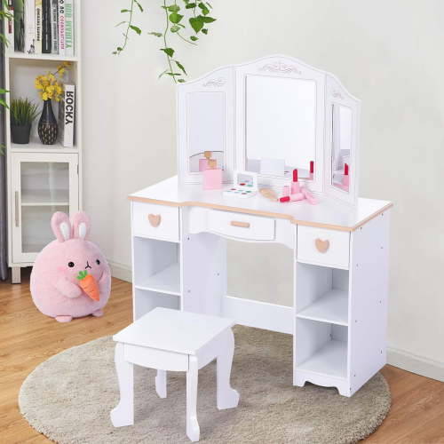 "TROPOW Kids Vanity Table with Tri-Fold Mirror, Stool, Storage Drawers, White, 35.24""x16.93"