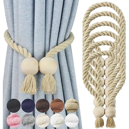 6 Pack Magnetic Curtain Tiebacks Cotton Hand Woven Tie Back Decorative Rope Holdbacks for Curtains Draperies No Tools Required, Dark Beige