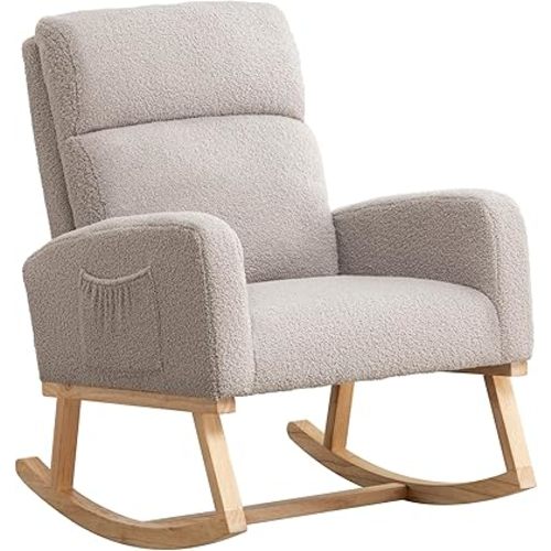 Rocking Chair Nursery, Rocker Nursing Chairs for Breastfeeding with Wood Legs and Side Pocket, Comfortable Glider Roking Chair for Nursery, Living Room, Bedroom,Teddy Light Grey
