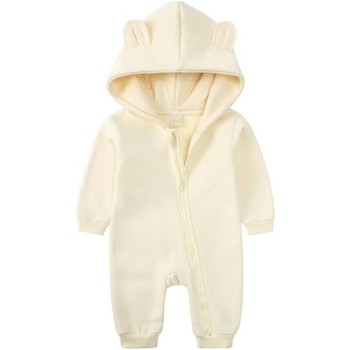Newborn Boys Girls Long Sleeve Zipper Hooded Romper Baby Solid Color Bear Ears Bodysuit Infant Hoody Jumpsuit
