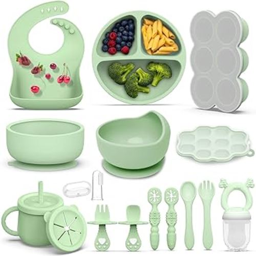 16 Pack Silicone Baby Feeding Set, BPA-Free Baby LED Weaning Supplies, Include Suction Plates, Baby Bowls, Silicone Fork & Spoon, and More, First Stage Baby Food Eating Utensils - 6+ Months(Green, 16)