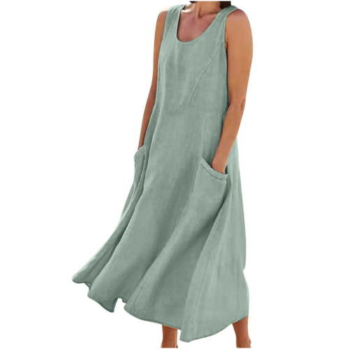 YOTAMI Summer Dresses for Women Plus Size Loose Fit Cotton Linen Dresses with Pockets for Beach Vacation Sleeveless Flowy Casual Maxi Dresses Green