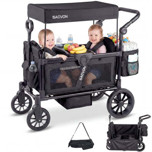 SACVON 2-Seater Stroller Wagon with Side Entry, Canopy & Snack Tray, Includes Removable Storage Bag That Converts to a Backpack-Black