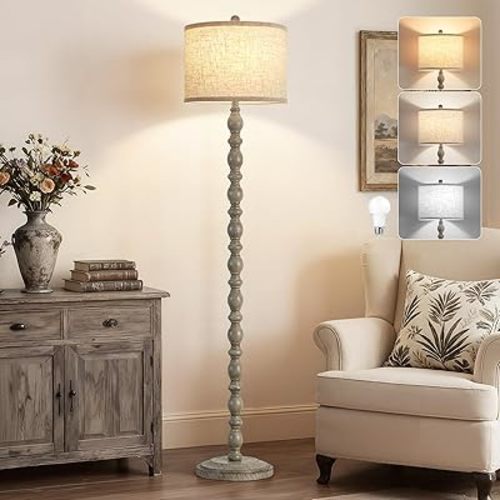 62" Floor Lamps for Living Room,3 Color Temperature Retro Standing Lamp, Vintage Farmhouse Floor Lamp with Rotary Switch, Rustic Resin Tall Lamps for Living Room, Bedroom, Office, Corner(Light Gray)