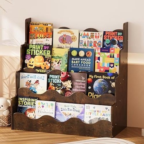 NACHES 4-Tier Kids Scalloped Bookshelf Wood Montessori Toddler Nursery Bookcase Baby Magazine Display Shelf Front Facing Children Book Rack Toy Organizer Girl Boy Bedroom Playroom, Rustic Brown