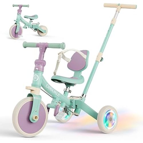 5-in-1 Tricycle for Toddlers 1-3, Convertible Toddler Bike with Push Handle & Removable Pedals, Balance Bike with Colorful Lighting Wheels, Adjustable Seat Height with Backrest(Green-Purple)