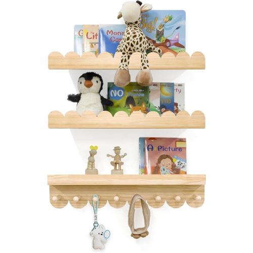 Floating Nursery Book Shelves with Hooks, Natural, 20-inch