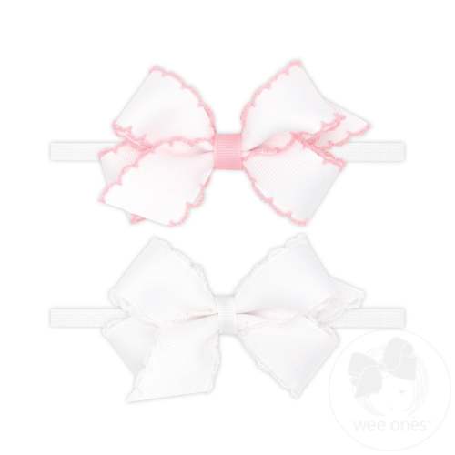 GIFT PACK! Two Mini Grosgrain Bows with Moonstitch Edge on Skinny Nylon Band - WHL/WHW | Wee Ones Hair Bows & Accessories