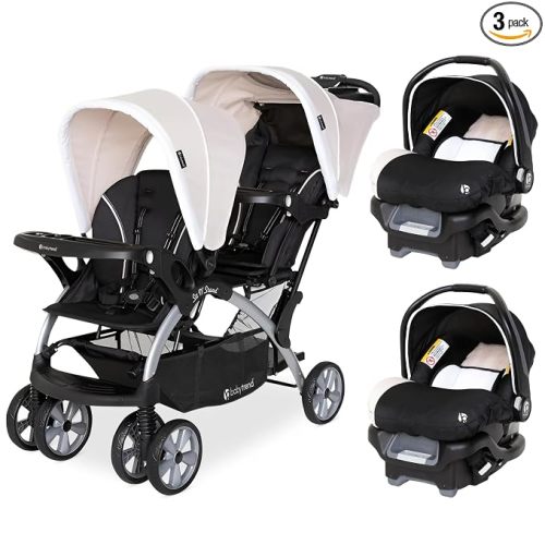 Baby Trend Infant/Toddler Double Stroller & 2 Car Seats, 3 Pc Set, Khaki | Portable and Lightweight Stroller Duo and Car Seat Travel System Tandem