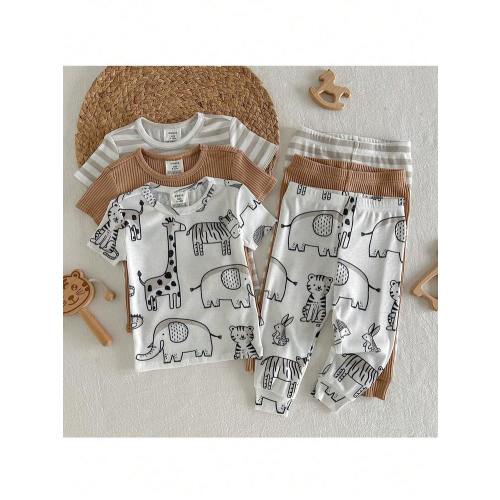 6pcs Baby Boy Snug Fit Pajama Set, Cartoon Animal Print Soft Knit Crew Neck Long Sleeve Top And Elastic Waist Long Pants | SHEIN USA