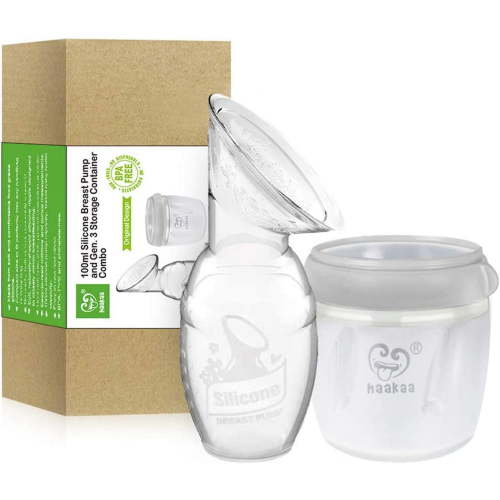 Haakaa Manual Breast Pump with Storage Milk Bottle for Breastfeeding 100% Food Grade Silicone BPA PVC and Phthalate Free (4oz/100ml Pump + 160ml Storage Milk Bottle)