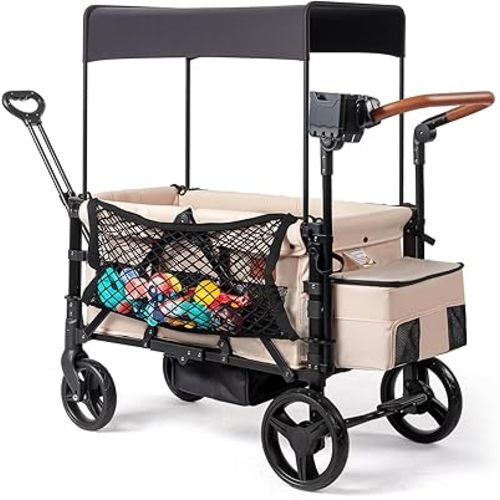 Stroller Wagon for 2 Kids with Footwell, Foldable All-Terrain Wagon Stroller with Adjustable Push/Pull Handle, Parent Organizer, 5-Point Harness, Ideal for Travel & Outdoor Adventures (Clasic Oat)