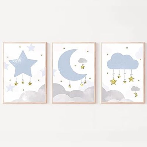 LUHDFYS Cartoon Moon and Stars Canvas Wall Art Print,Scandinavian Style Nursery Decor Poster,Blue Moon and Stars Wall Art,Cute Baby Room Classroom Decoration for Boys and Girls Unframed