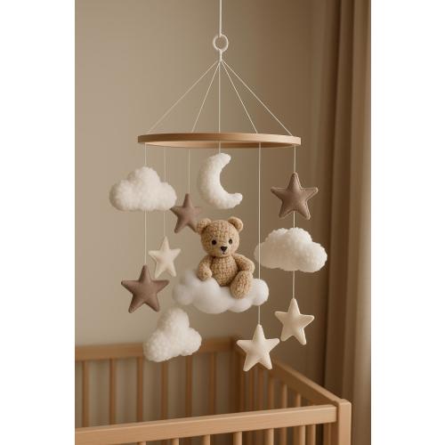 Teddy bear on moon Boucle cloud nursery baby mobile, Neutral nursery mobile, Stars baby crib mobile, Clouds mobile,Minimalist nursery mobile